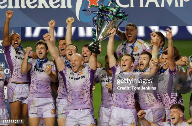 Exeter lift the trophy during the Exeter Chiefs v Racing 92 Heineken Champions Cup Final at Ashton Gate on October 17th, 2020 in Bristol, England