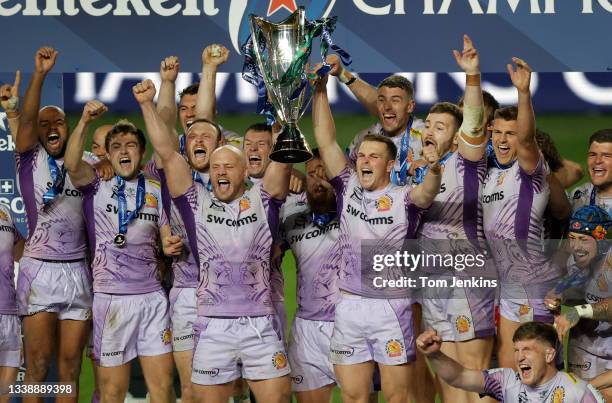 Exeter lift the trophy during the Exeter Chiefs v Racing 92 Heineken Champions Cup Final at Ashton Gate on October 17th, 2020 in Bristol, England