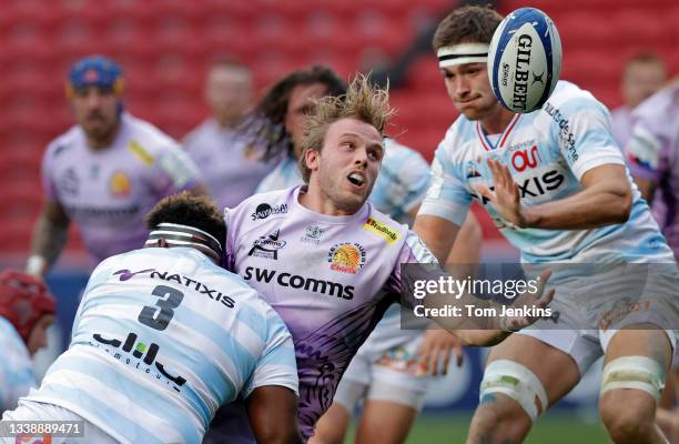 Jonny Gray of Exeter loses the ball in a tackle during the Exeter Chiefs v Racing 92 Heineken Champions Cup Final at Ashton Gate on October 17th,...