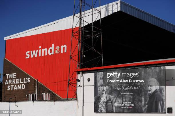 General view outside the stadium prior to the Papa John's Trophy match between Swindon Town and Arsenal U21 at County Ground on September 07, 2021 in...