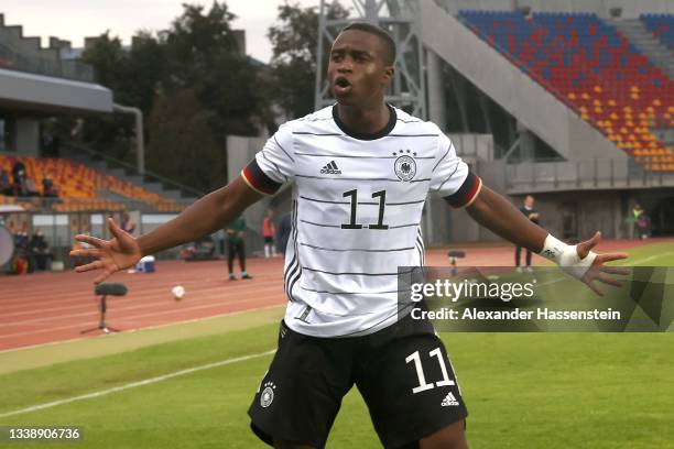 Youssoufa Moukoko of Germany celebrates scoring the 1st team goal during the UEFA European Under-21 Championship Qualifier between U21 Latvia and U21...