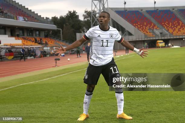 Youssoufa Moukoko of Germany celebrates scoring the 1st team goal during the UEFA European Under-21 Championship Qualifier between U21 Latvia and U21...