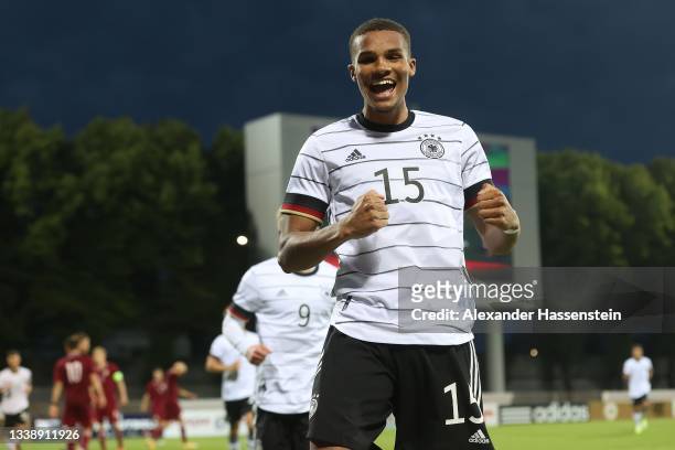Malick Thiaw of Germany celebrates scoring the 3rd team goal during the UEFA European Under-21 Championship Qualifier between U21 Latvia and U21...
