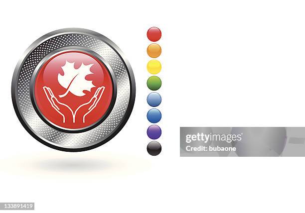 fall icon on metallic button - maple tree white background stock illustrations