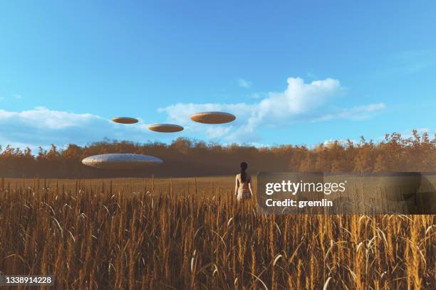 woman walking towards ufos in wheat field - ufo stockfoto's en -beelden