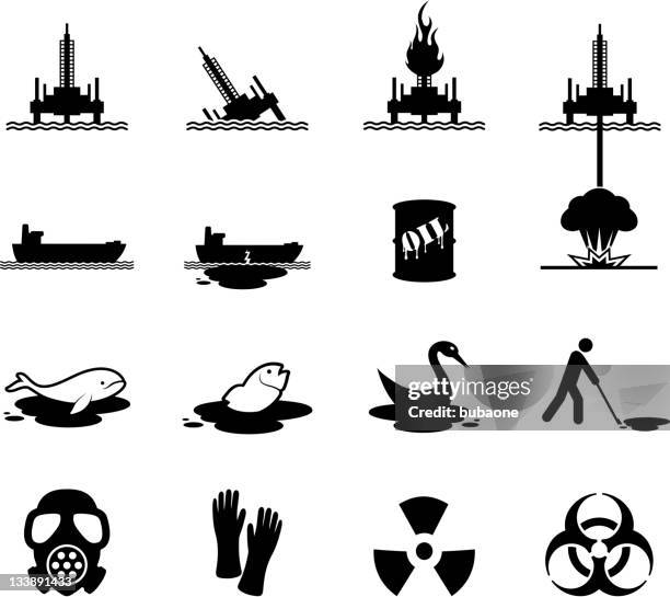 oil spill katastrophe schwarz und weiß, vektor icon-set - motorboating stock-grafiken, -clipart, -cartoons und -symbole