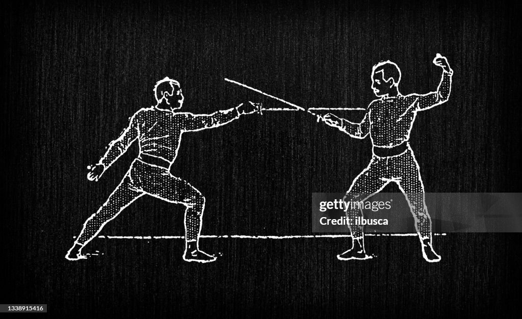 Antique old French engraving illustration: Fencing