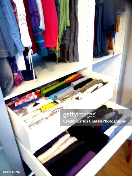 high angle view of organizaed woman's wardrobe - drawer stock pictures, royalty-free photos & images