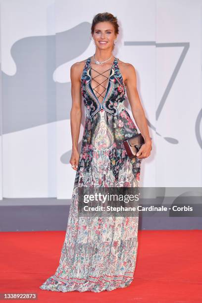 Martina Colombari attends the red carpet of the movie "Qui Rido Io" during the 78th Venice International Film Festival on September 07, 2021 in...