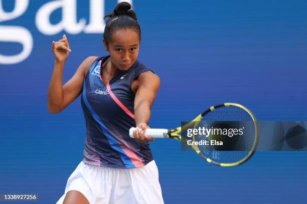 Leylah Annie Fernandez of Canada returns against Elina Svitolina of Ukraine during her Women's Singles quarterfinals match on Day Nine of the 2021 US...