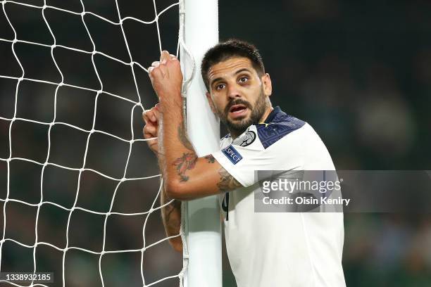Aleksandar Mitrovic of Serbia reacts after a missed chance during the 2022 FIFA World Cup Qualifier match between Republic of Ireland and Serbia at...