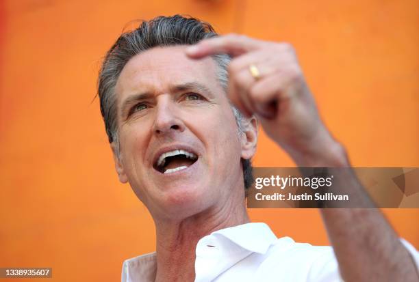 California Gov. Gavin Newsom speaks during a "Vote No" get out the vote tour campaign stop at Mission Language and Vocational School on September 07,...