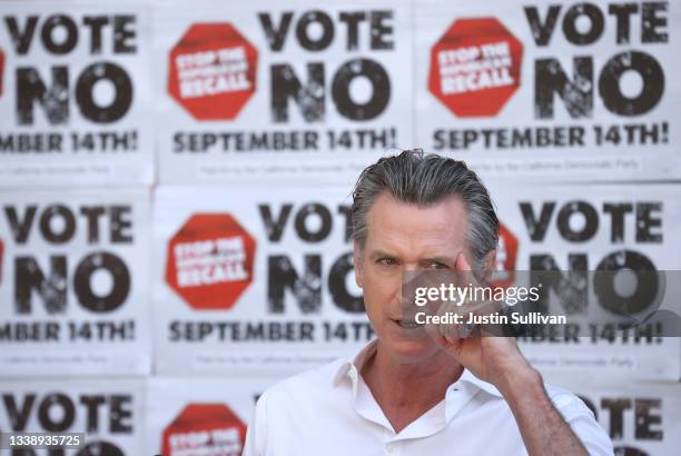 California Gov. Gavin Newsom speaks during a "Vote No" get out the vote tour campaign stop at Mission Language and Vocational School on September 07,...