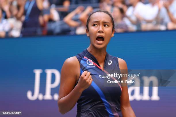 Leylah Fernandez of Canada celebrates a point during a tiebtreak in the third set against Elina Svitolina of Ukraine during her Women's Singles...