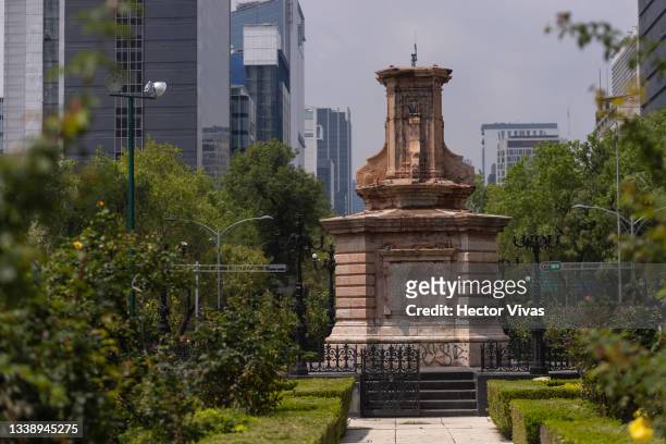 General view of the pedestal where the statue of Christopher Columbus Statue was placed at Paseo de la Reforma avenue on September 07, 2021 in Mexico...