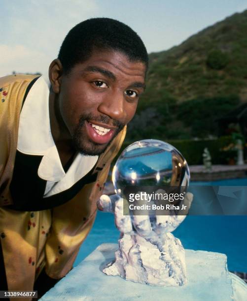 Los Angeles Lakers Magic Johnson during filming of a tv commercial at his home, January 15, 1986 in Beverly Hills, California.