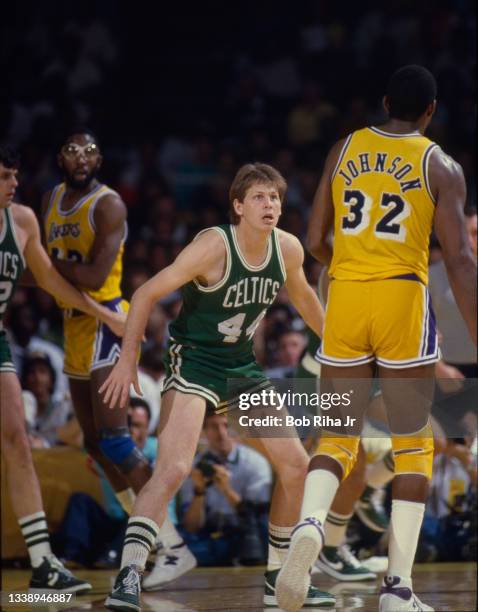 Los Angeles Lakers Magic Johnson and Boston Celtics Danny Ainge during 1985 NBA Finals between Los Angeles Lakers and Boston Celtics, June 2, 1985 in...