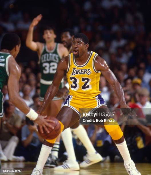 Los Angeles Lakers Magic Johnson plays defense during 1985 NBA Finals between Los Angeles Lakers and Boston Celtics, June 2, 1985 in Inglewood,...