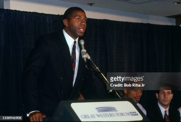 Los Angeles Lakers Earvin Magic Johnson announces his retirement from basketball after being diagnosed HIV-Positive, November 7, 1991 in Inglewood,...