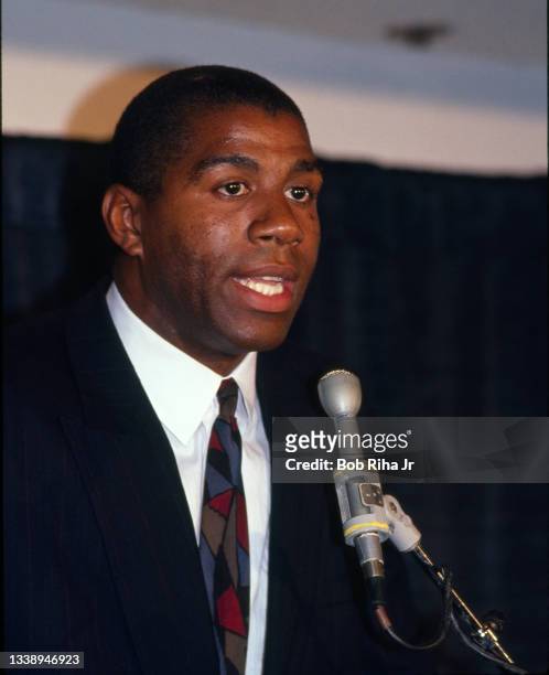 Los Angeles Lakers Earvin Magic Johnson announces his retirement from basketball after being diagnosed HIV-Positive, November 7, 1991 in Inglewood,...