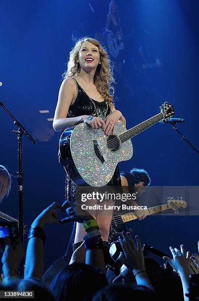 Taylor Swift performs during the "Speak Now World Tour" at Madison Square Garden on November 21, 2011 in New York City. Taylor Swift wrapped up the...