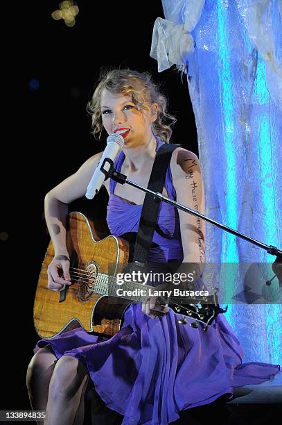 Taylor Swift performs during the "Speak Now World Tour" at Madison Square Garden on November 21, 2011 in New York City. Taylor Swift wrapped up the...