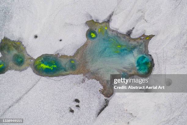 drone image looking down on a geothermal pool, iceland - central highlands iceland stock pictures, royalty-free photos & images