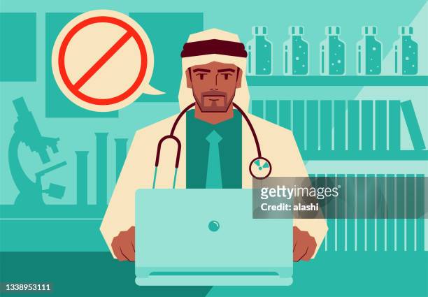 handsome young doctor using a laptop providing telemedicine services and advising patients to avoid something with a forbidden sign - arabic doctor stock illustrations