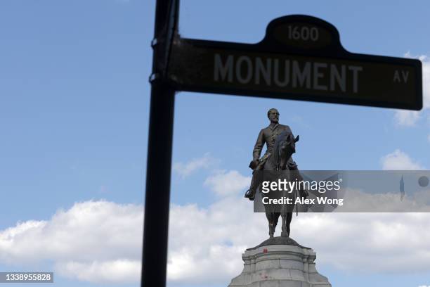The statue of Robert E. Lee stands at Robert E. Lee Memorial on Monument Avenue September 7, 2021 in Richmond, Virginia. The statue, the largest of a...