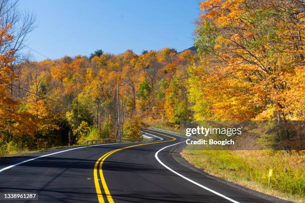 camino sinuoso en el soleado día de otoño en las montañas adirondack - carretera vacía fotografías e imágenes de stock