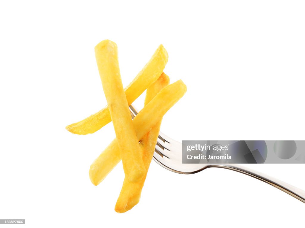 French fries on a fork
