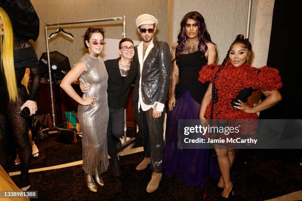 Bethany C. Meyers, Christian Siriano, Nico Tortorella, Alok Vaid-Menon and Lil' Kim pose backstage at the Christian Siriano SS2022 Fashion Show at...