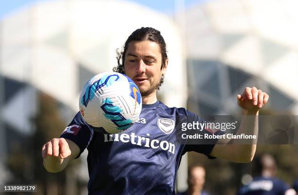 Marco Rojas of the Victory controls the ball a Melbourne Victory A-League training session at Gosch's Paddock on September 08, 2021 in Melbourne,...