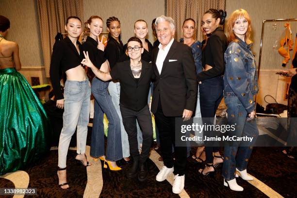 Designer Christian Siriano poses with Jack Gross and models backstage at the Christian Siriano SS2022 Fashion Show at Gotham Hall on September 07,...