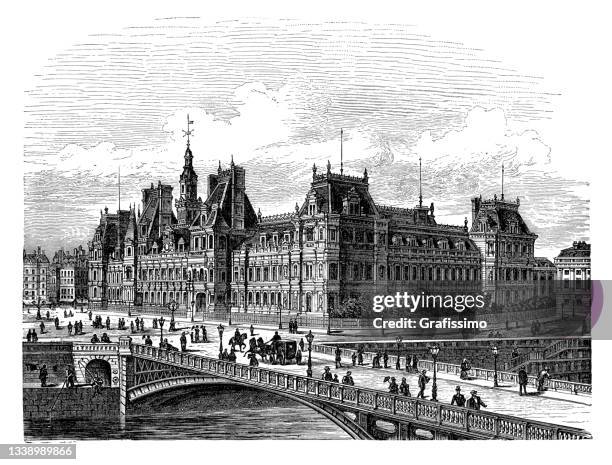 hotel de ville paris with pont d ́arcole 1898 - hotel de ville paris stock illustrations