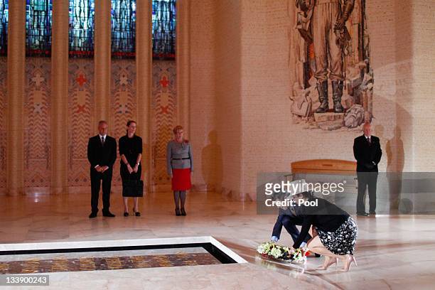 Princess Mary of Denmark and Prince Frederik of Denmark lay a wreath at the Hall of Memory during their visit to the Australian War Memorial on...
