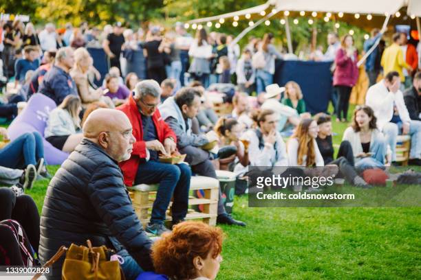 menschenmenge beim musikfestival im park - cluj napoca stock-fotos und bilder