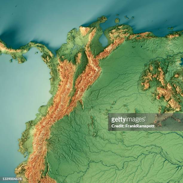 コロンビア 3d レンダリング地形マップの色 - magdalena river ストックフォトと画像