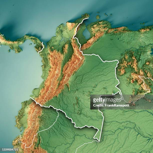 コロンビア 3d レンダリング地形図の色の境界線 - magdalena river ストックフォトと画像