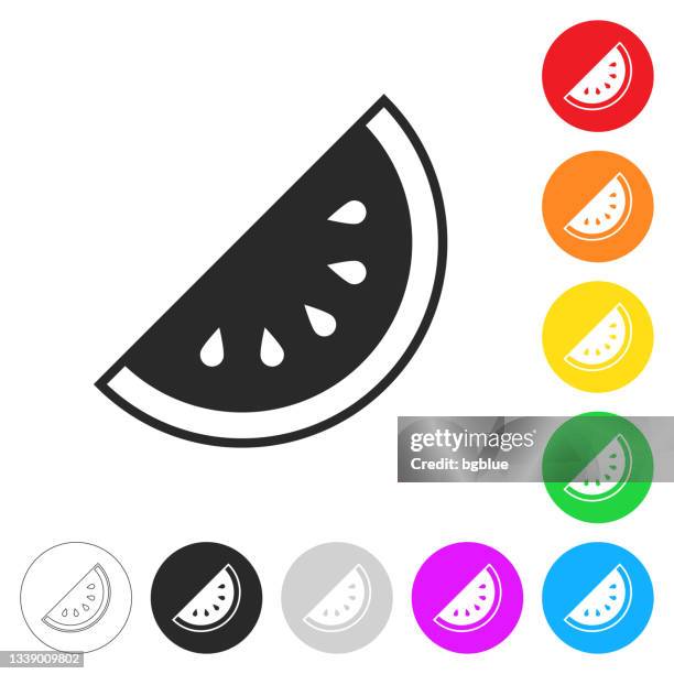 slice of watermelon. flat icons on buttons in different colors - melon slice stock illustrations
