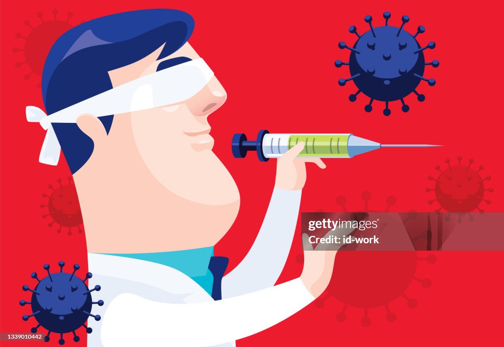 Blindfolded doctor throwing syringe