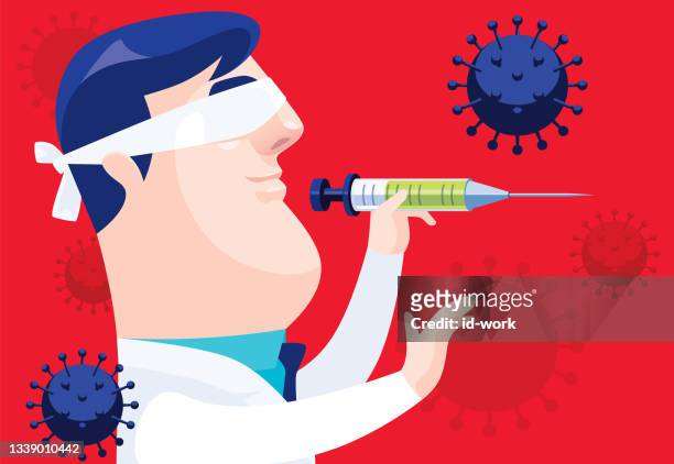 blindfolded doctor throwing syringe - wrong direction stock illustrations