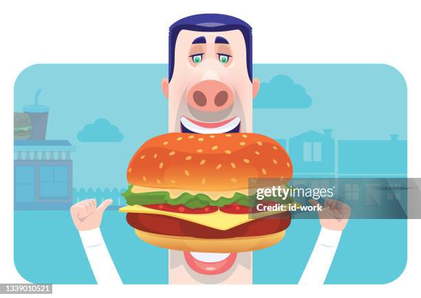 thin man holding big hamburger and gesturing thumbs up - burger bite stock illustrations