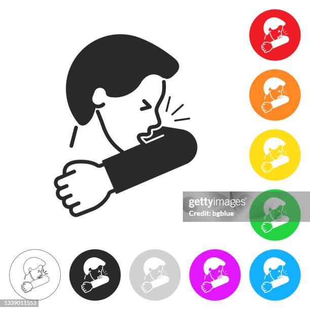 ilustrações de stock, clip art, desenhos animados e ícones de cough or sneeze into elbow. flat icons on buttons in different colors - espirrar