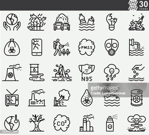 pollution and global warming line icons - smog stock illustrations