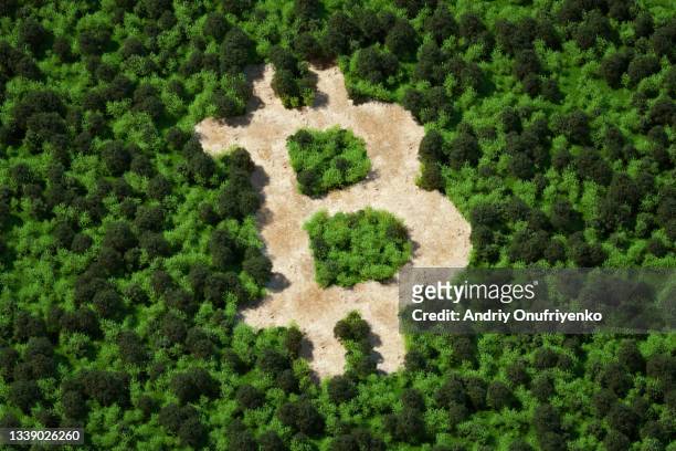 forest cut in shape of bitcoin sign - mining natural resources imagens e fotografias de stock