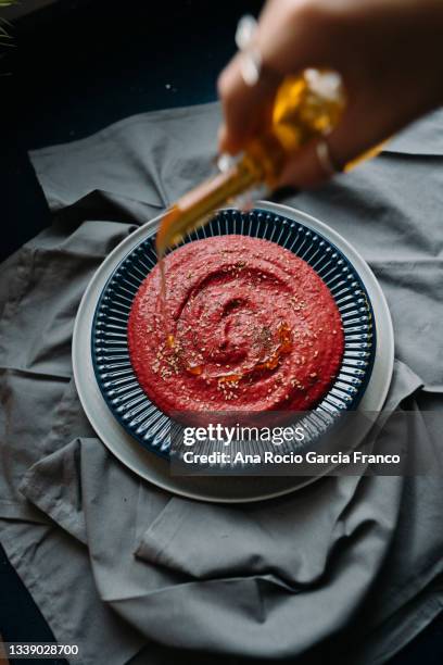 beetroot hummus - hummus stock pictures, royalty-free photos & images