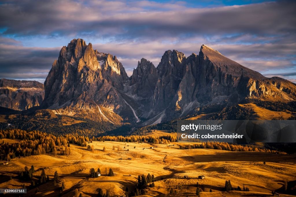 Sassolungo mountain range above Alpe di Siusi plateau, Val Gardena, South Tyrol, Italy