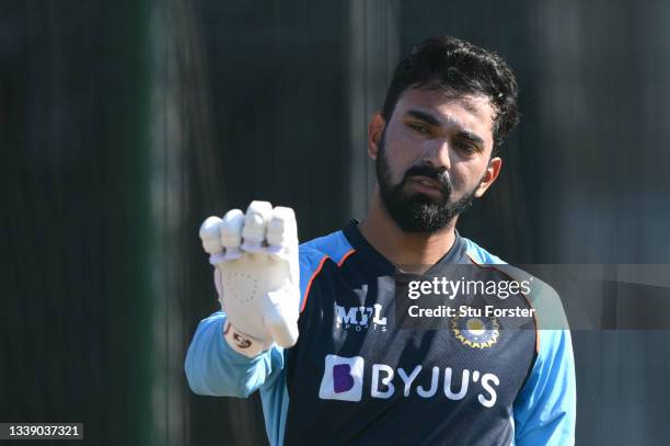 India batsman KL Rahul makes a point during India nets ahead of the 5th Test match against England at Old Trafford on September 08, 2021 in...