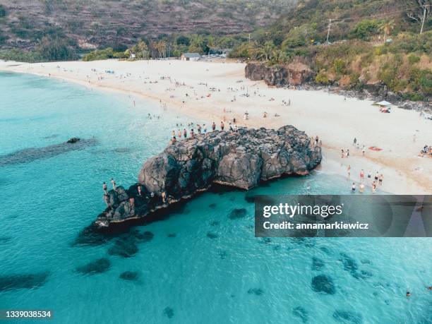 people standing on jump rock, waimea bay, oahu, hawaii, usa - insel oahu stock-fotos und bilder